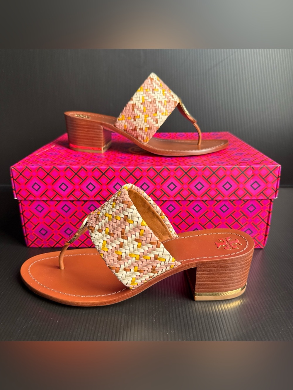 NIB Tory Burch Patos Disk Woven Nappa Neutral Block Sandals Women’s Size 10